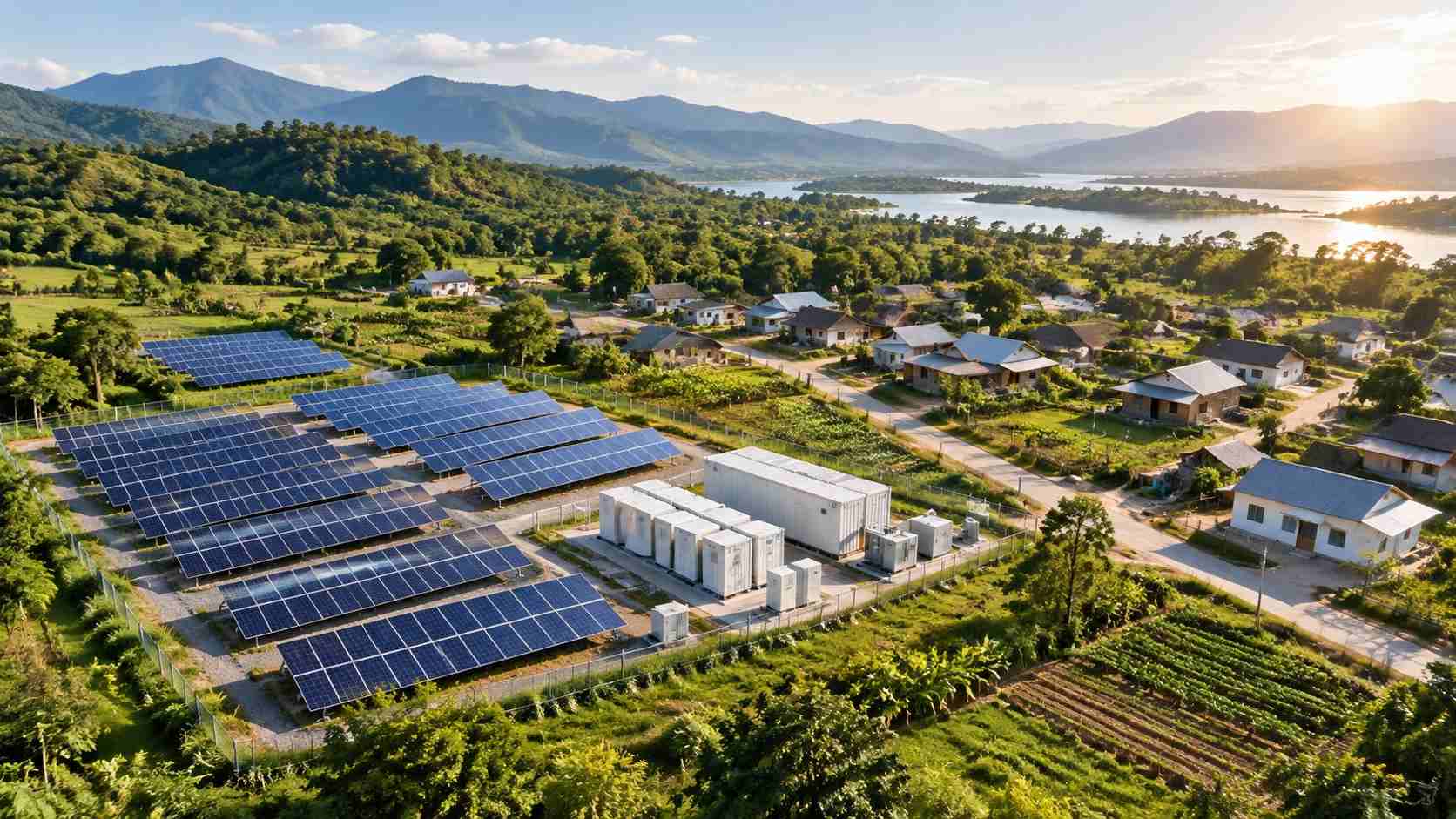 Aerial view of a highly efficient microgrid solar system powering a remote rural village